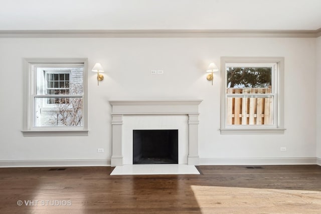 interior details with hardwood / wood-style flooring and ornamental molding