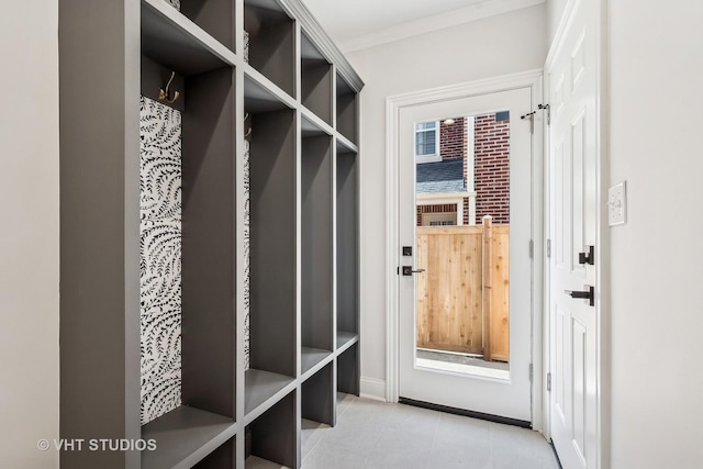 mudroom featuring ornamental molding