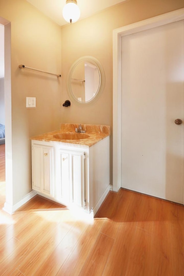 bathroom with wood-type flooring and vanity