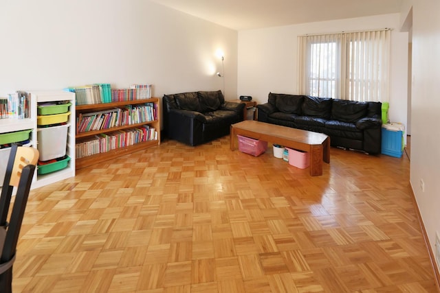 living room featuring light parquet flooring