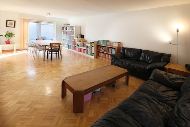 living room featuring light parquet flooring