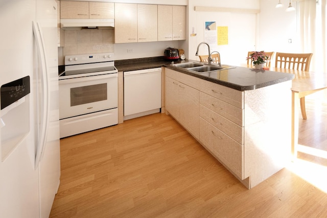 kitchen featuring sink, backsplash, light hardwood / wood-style floors, kitchen peninsula, and white appliances