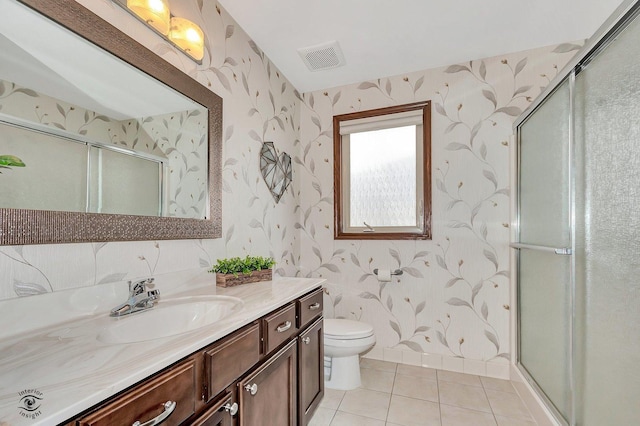 1401 Rolling Pass, Beecher, IL 60401 - bathroom with wallpapered walls, vanity, a shower stall, toilet, and tile patterned flooring