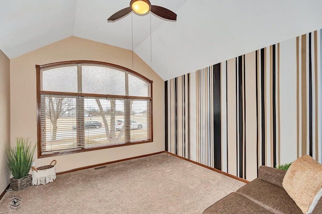 1401 Rolling Pass, Beecher, IL 60401 - unfurnished living room featuring vaulted ceiling, a ceiling fan, carpet floors, and baseboards