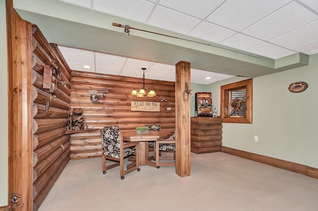 1401 Rolling Pass, Beecher, IL 60401 - dining space with carpet, a paneled ceiling, recessed lighting, baseboards, and rustic walls