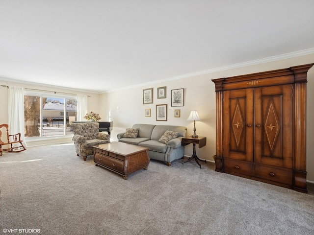 living room featuring ornamental molding and light carpet