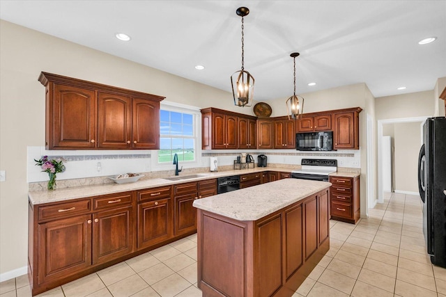 kitchen with tasteful backsplash, a center island, decorative light fixtures, black appliances, and a sink