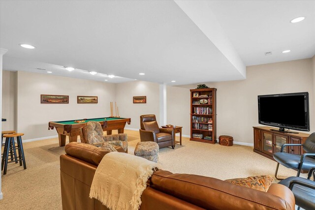 living area featuring recessed lighting, baseboards, light colored carpet, and pool table