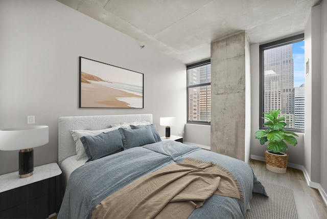 bedroom with multiple windows and light hardwood / wood-style floors