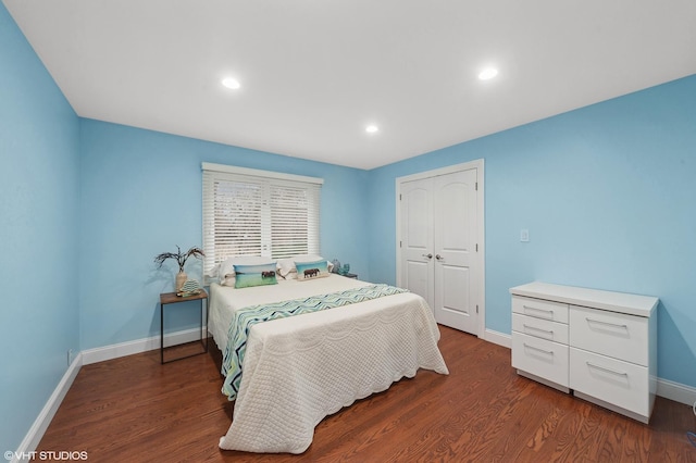 bedroom featuring dark wood-type flooring and a closet