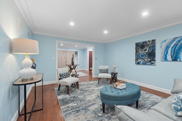 interior space featuring ornamental molding and dark hardwood / wood-style floors