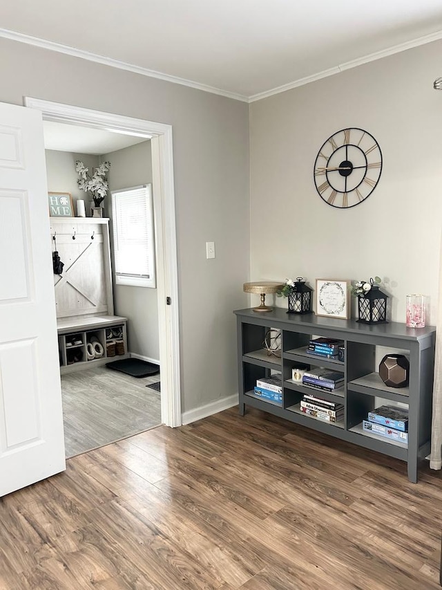 interior space featuring wood-type flooring and ornamental molding