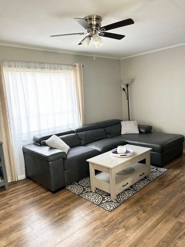 living room featuring crown molding, wood-type flooring, and ceiling fan