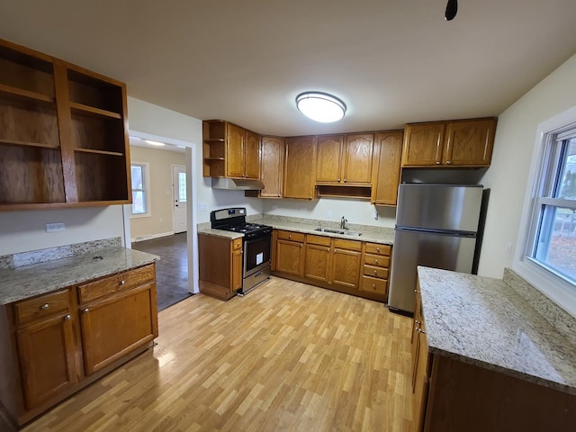 kitchen featuring stainless steel appliances, light stone countertops, sink, and light wood-type flooring