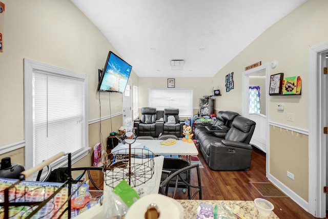 living room featuring dark wood-type flooring