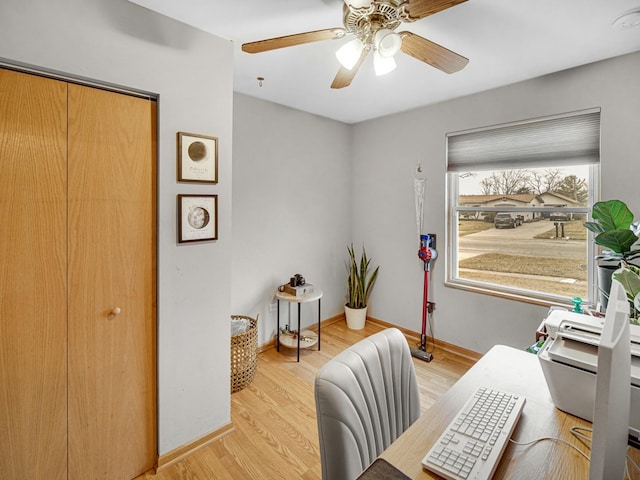 office space with ceiling fan and light hardwood / wood-style floors