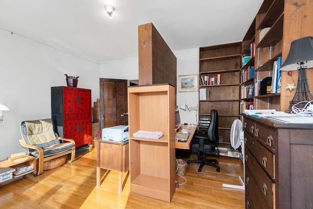 home office with light hardwood / wood-style floors