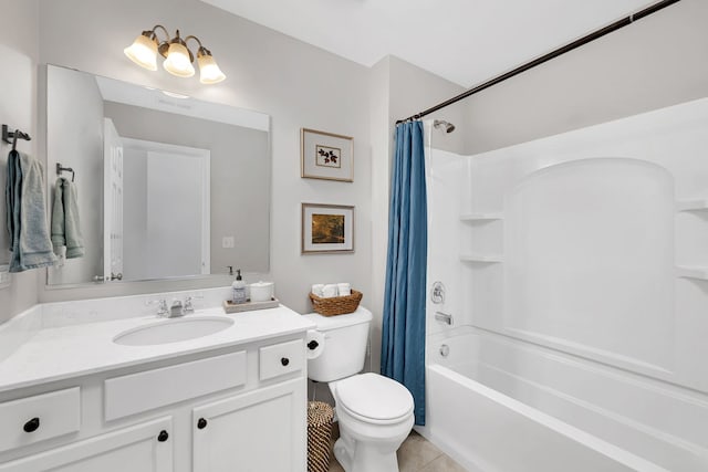 bathroom with shower / bathtub combination with curtain, toilet, vanity, and tile patterned flooring