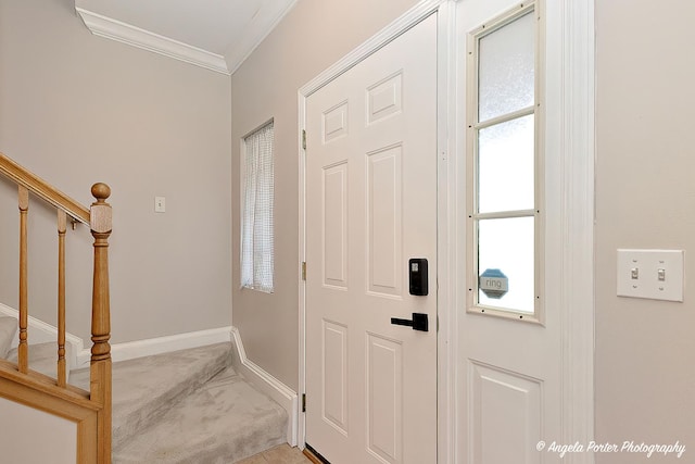 carpeted entrance foyer with ornamental molding