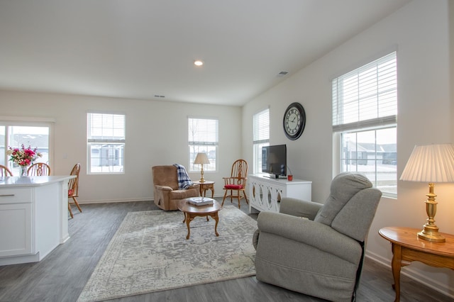 living room with dark hardwood / wood-style flooring