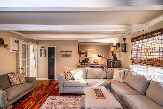 living room featuring dark wood-type flooring and beamed ceiling