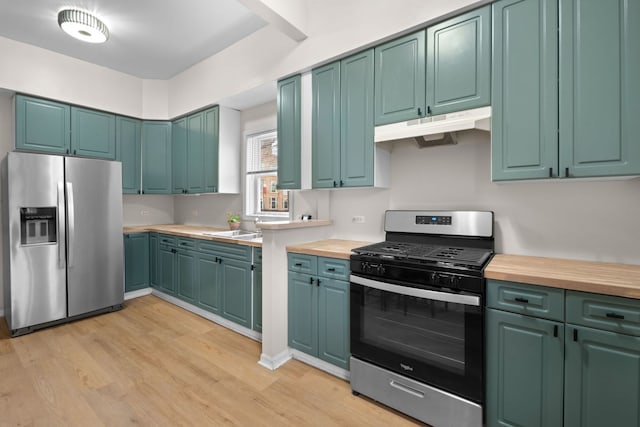 kitchen with wood counters, sink, light hardwood / wood-style flooring, and appliances with stainless steel finishes