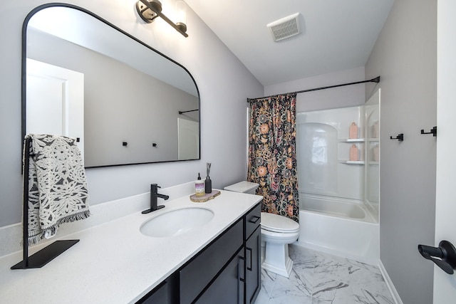 full bathroom with shower / tub combo with curtain, vanity, and toilet