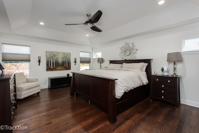 bedroom with dark hardwood / wood-style flooring, a tray ceiling, and ceiling fan