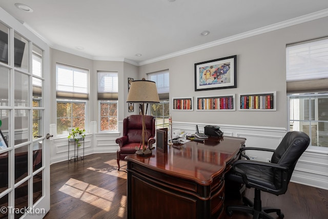 home office featuring crown molding and dark hardwood / wood-style floors