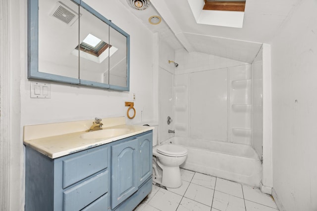 full bathroom with shower / bath combination, vanity, lofted ceiling with skylight, and toilet