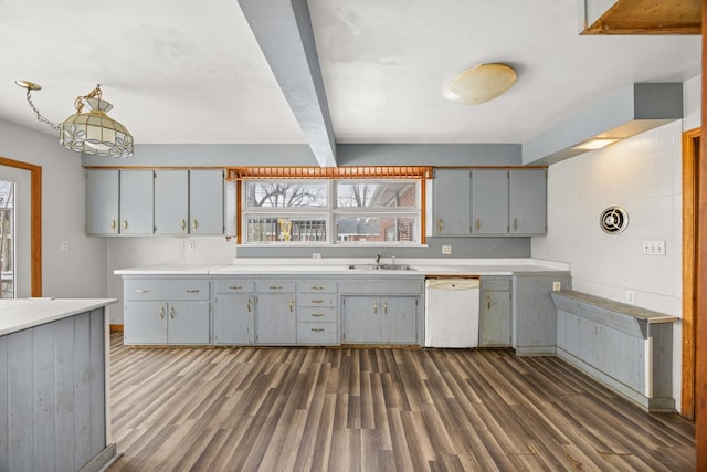 kitchen with hanging light fixtures, dark hardwood / wood-style flooring, gray cabinets, and white dishwasher