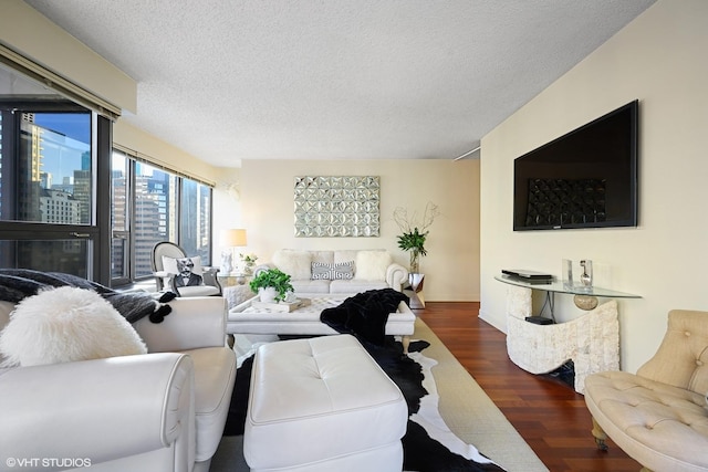 living room with dark hardwood / wood-style flooring and a textured ceiling