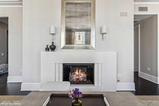 living room featuring hardwood / wood-style flooring and a fireplace