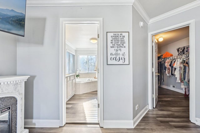 corridor with ornamental molding and dark wood-type flooring