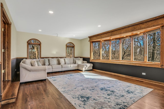 living room with dark hardwood / wood-style floors