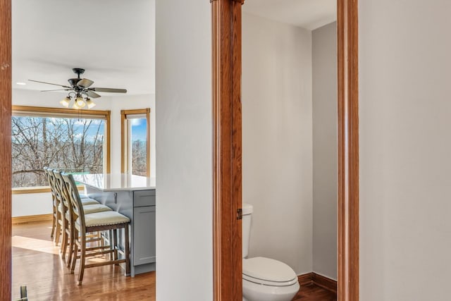 bathroom featuring hardwood / wood-style floors, ceiling fan, and toilet