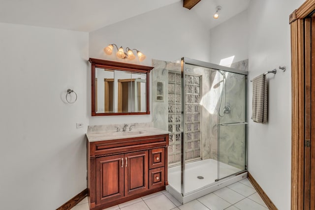 bathroom featuring vaulted ceiling, vanity, tile patterned floors, and a shower with shower door