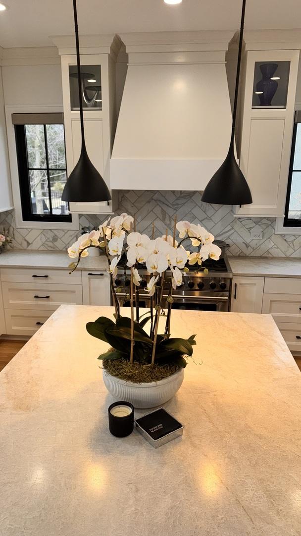 kitchen with decorative backsplash, glass insert cabinets, custom exhaust hood, crown molding, and white cabinetry