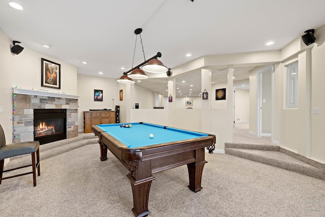 game room featuring billiards, a fireplace, and light carpet