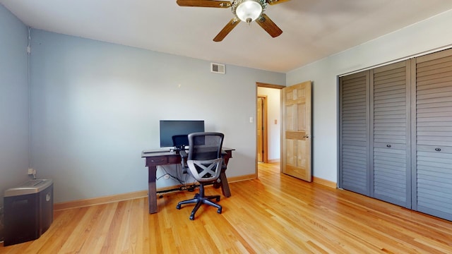 office space featuring ceiling fan and light hardwood / wood-style flooring