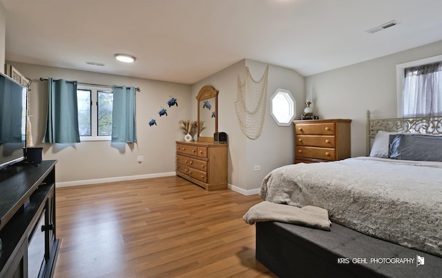 bedroom featuring multiple windows and light hardwood / wood-style floors