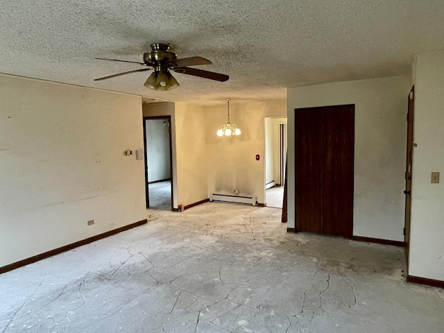 unfurnished room featuring ceiling fan with notable chandelier, a textured ceiling, and baseboard heating