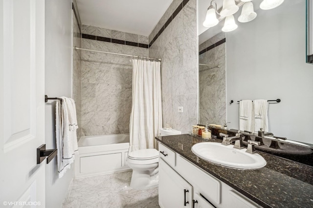 full bathroom with vanity, toilet, shower / bath combo with shower curtain, and tile walls