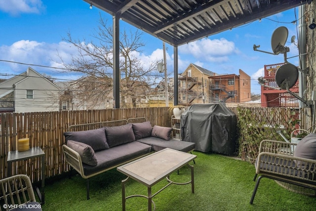 view of patio / terrace with grilling area, outdoor lounge area, and a pergola