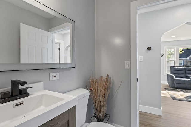 bathroom featuring vanity, hardwood / wood-style flooring, and toilet