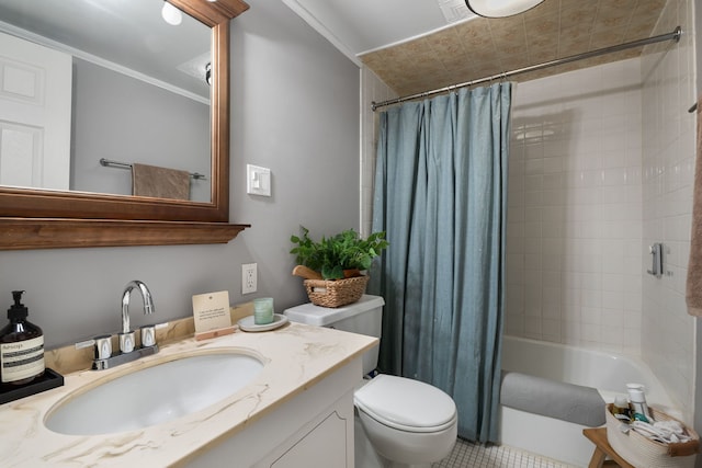 full bathroom with vanity, toilet, and shower / bath combo with shower curtain