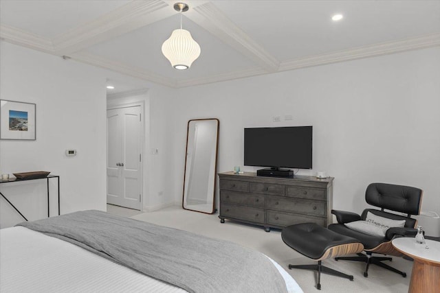 bedroom with light carpet, ornamental molding, and beamed ceiling