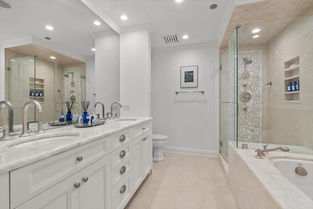 full bathroom featuring crown molding, tile patterned flooring, vanity, independent shower and bath, and toilet