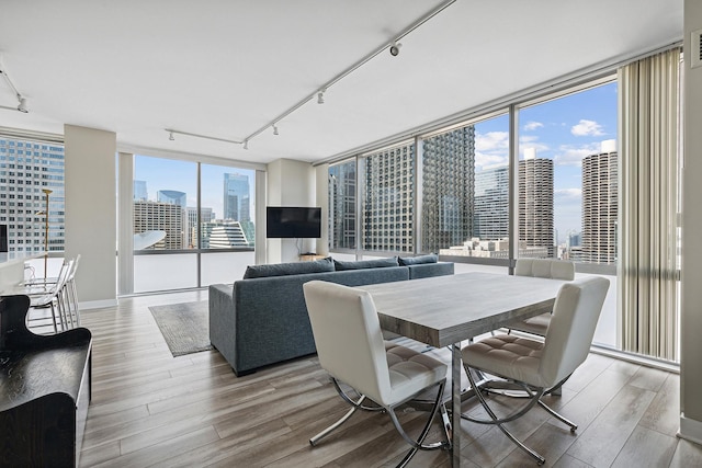 dining room with hardwood / wood-style flooring, a wall of windows, and track lighting