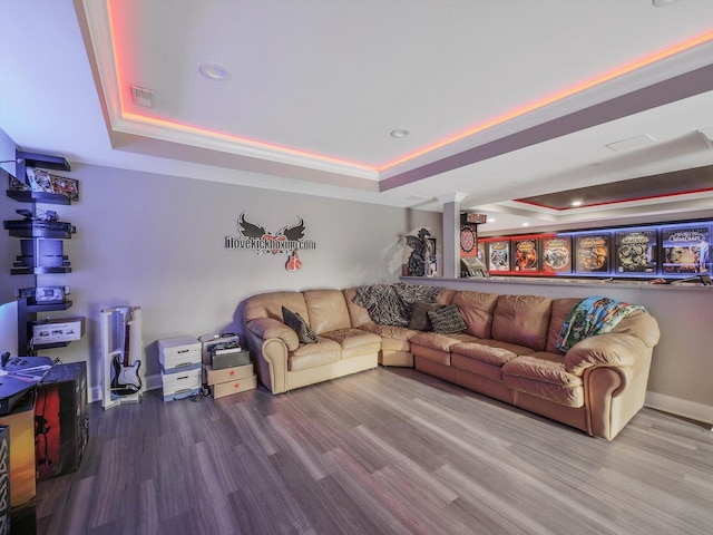 living room featuring a tray ceiling and hardwood / wood-style floors